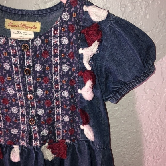 Sweet Magnolia Blue Denim Dress 3T With White And Burgundy Tassels - Picture 2 of 7